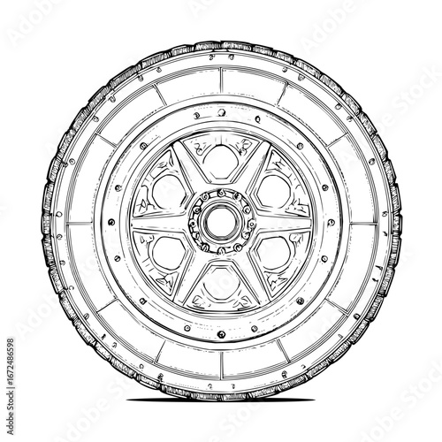 Illustration of a detailed tire and wheel with a six spoke design and tread pattern in black and white