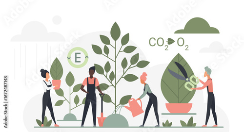 Group of people planting, watering, and pruning trees with environmental symbols, promoting eco-friendly activities, sustainability, and nature care concepts vector illustration