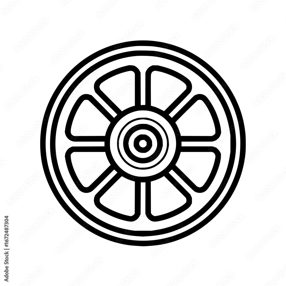 Fototapeta premium A black and white graphic of a wheel with eight spokes and concentric circles in the center design element