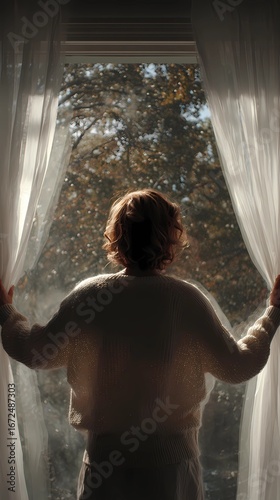 Minimalist morning moment as a woman opens curtains to illuminate a cozy bedroom with gentle sunlight and peaceful home vibes.