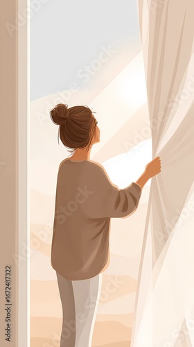 Minimalist morning moment as a woman opens curtains to illuminate a cozy bedroom with gentle sunlight and peaceful home vibes.