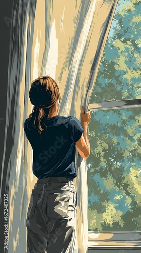 Minimalist morning moment as a woman opens curtains to illuminate a cozy bedroom with gentle sunlight and peaceful home vibes.