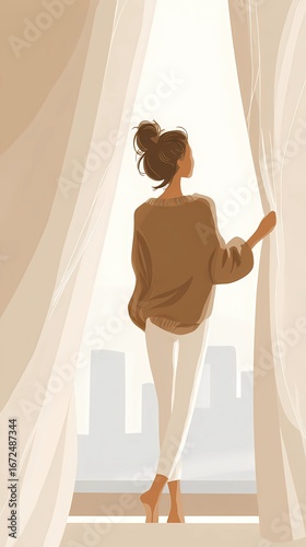 Minimalist morning moment as a woman opens curtains to illuminate a cozy bedroom with gentle sunlight and peaceful home vibes.