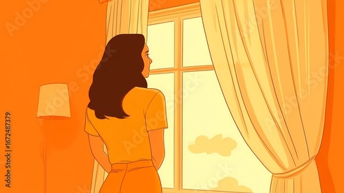 Minimalist morning moment as a woman opens curtains to illuminate a cozy bedroom with gentle sunlight and peaceful home vibes.