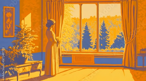 Minimalist morning moment as a woman opens curtains to illuminate a cozy bedroom with gentle sunlight and peaceful home vibes.