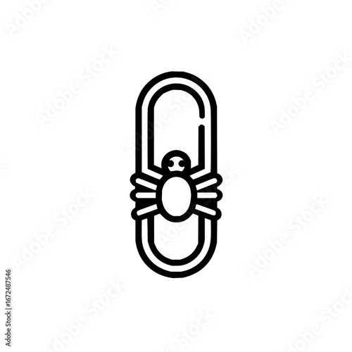 A stylized depiction of a spider positioned within a black outlined capsule shape with rounded edges design