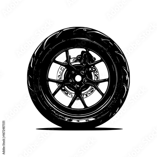 A detailed black and white illustration of a motorcycle wheel with intricate spoke design and shadow effect