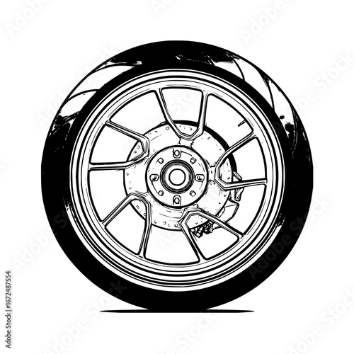 Close up illustration of a motorcycle wheel with tire and rim in black and white outline style drawing