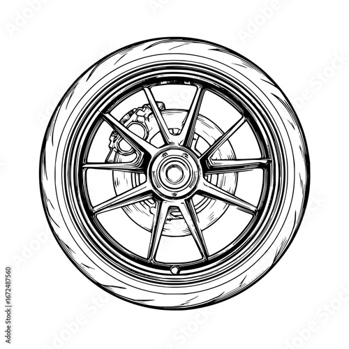 A detailed sketch of a motorcycle wheel with tire rim spokes brake disc and caliper in black and white style