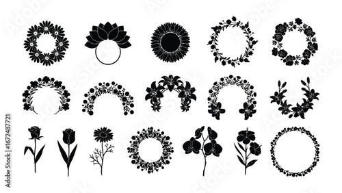 Floral Silhouette Collection: A curated collection of botanical art, including delicate flowers, wreaths, and floral arches in an elegant, artistic arrangement.