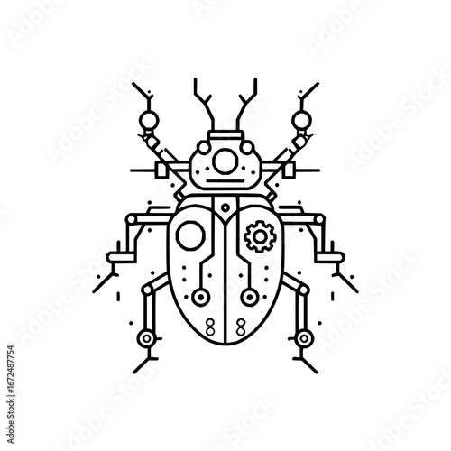 A stylized mechanical beetle with visible gears and circuit patterns in black and white line art design
