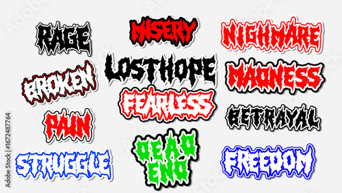 Emotional horror typography vector set with grunge style lettering, perfect for posters, streetwear fashion, stickers, and digital artwork