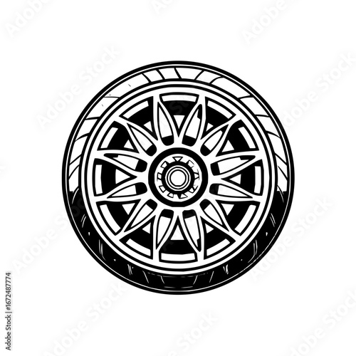 Illustration of a car wheel with a complex spoke design and tire tread in black and white monochrome style