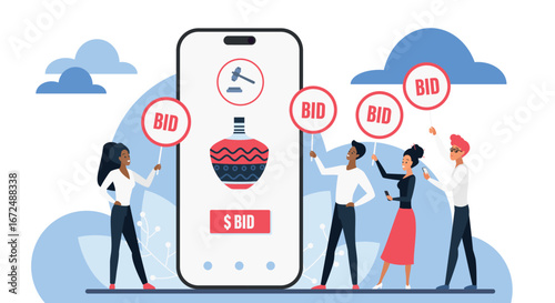 People participate in online auction using mobile phone app, holding bid signs, digital bidding for art or collectibles, modern e-commerce concept vector illustration