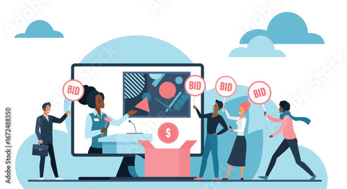 Group diverse people participating digital auction holding bid signs front computer screen concept online bidding e-commerce virtual sales isolated white background vector illustration.