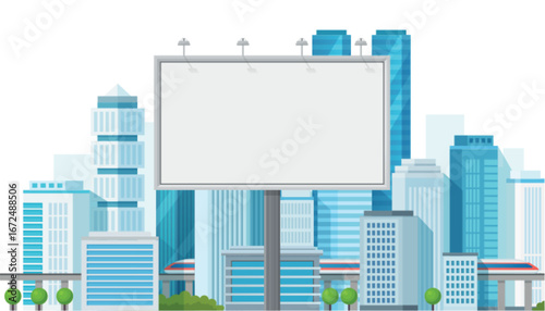Empty billboard stands tall against a backdrop of skyscrapers and urban buildings, perfect for advertising, marketing, or promotional design concepts isolated on white background vector illustration