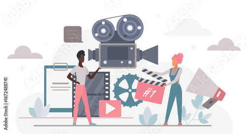Creative filmmaking process with camera, clapperboard, film reel, and digital media icons representing online movie production and streaming services cloud technology vector illustration