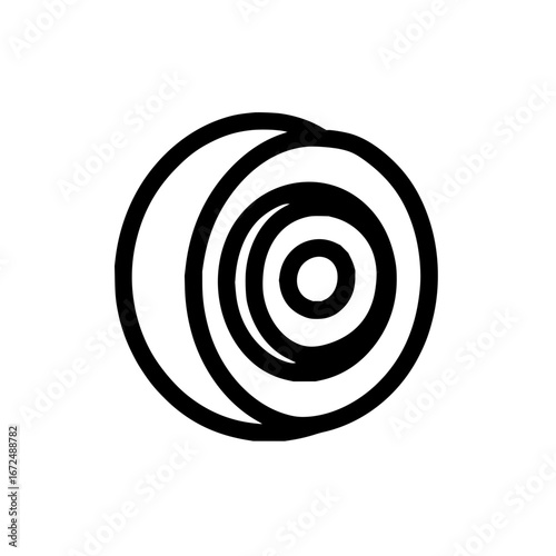 A simple black and white graphic showing concentric circles with an offset outer ring design element