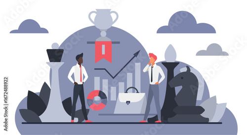 Business professionals standing among chess pieces, trophy, and growth chart symbolizing competition, leadership, and strategic planning in corporate environment vector illustration