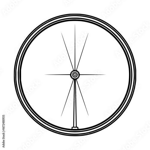 Illustration of a bicycle wheel with spokes and a tire in black and white on a white background view