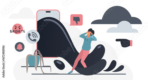 Person overwhelmed by negative online messages, cyberbullying, and social media stress, showing digital harassment and mental health impact, modern technology danger vector illustration