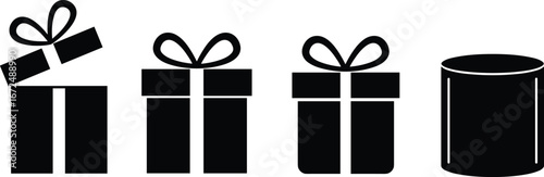 Gift box silhouette, open gift, closed presents with bows, drum silhouette, holiday gift clipart, celebration icons, black vector shapes