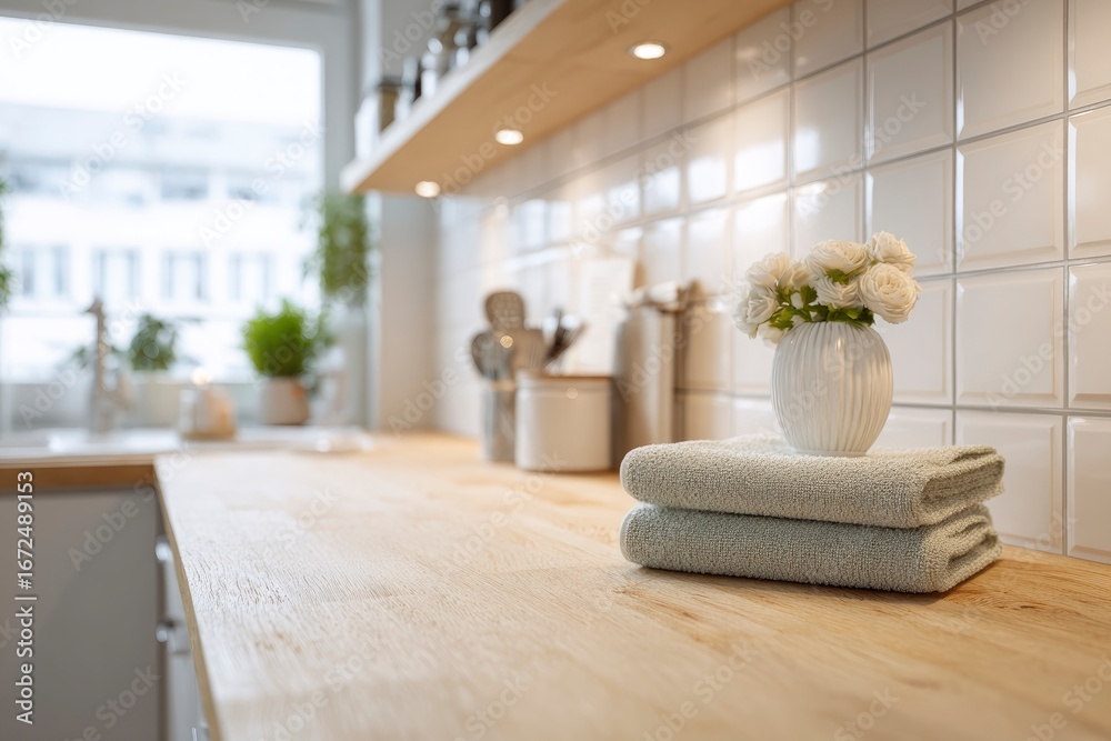 Fototapeta premium Kitchen counter with stacked towels a vase of white roses against a tiled wall shelf above