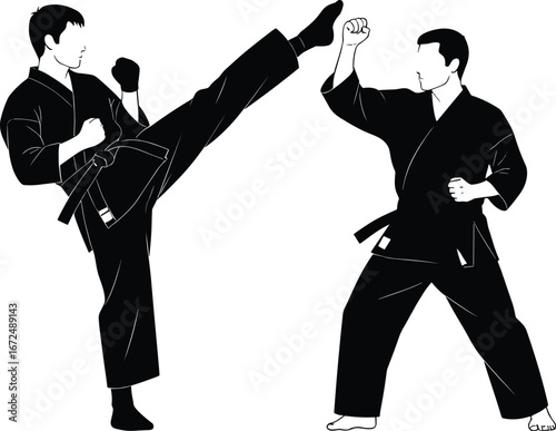 Martial arts fighters practicing karate, kicking and punching, black belt training, combat sport silhouettes, self-defense, martial arts practice, fighting pose