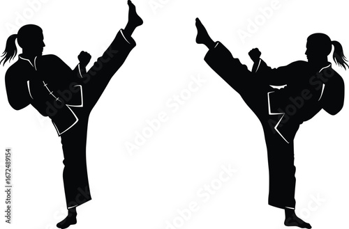 Martial arts silhouette of women high kicking, kung fu or taekwondo pose vector, female fighters illustration