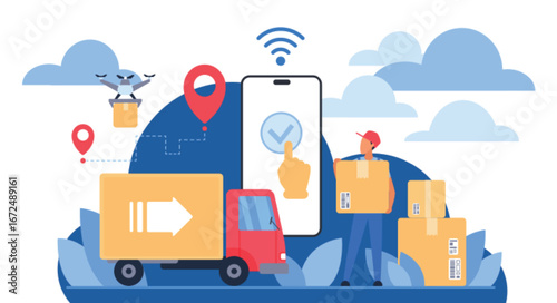 Modern delivery service concept showing cloud logistics, mobile tracking, parcel shipping, drone transport, and courier management for fast and efficient shipping vector illustration