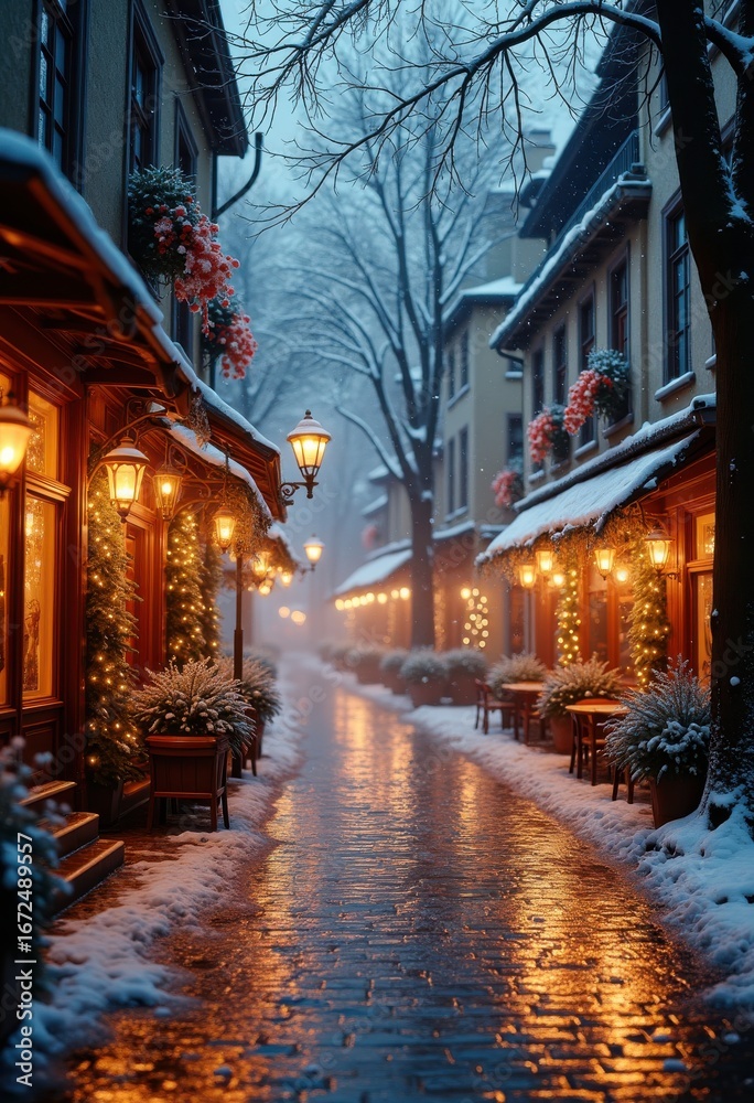 Obraz premium enchanting winter street scene rain snow blend urban atmosphere cozy glow soft embers festive vibes, holiday, city, blur, umbrella, fog, light, traffic