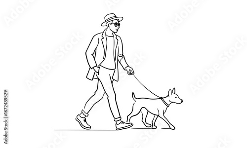 Stylish guy walking his dog, continious line drawing. Pets, family, domestic animal. Vector illustration	