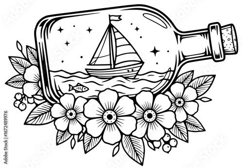 Ship in a Bottle with Flowers Svg - Nautical Fantasy Art