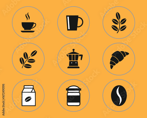 Set of coffee shop icons with cup, beans, croissant and coffee maker