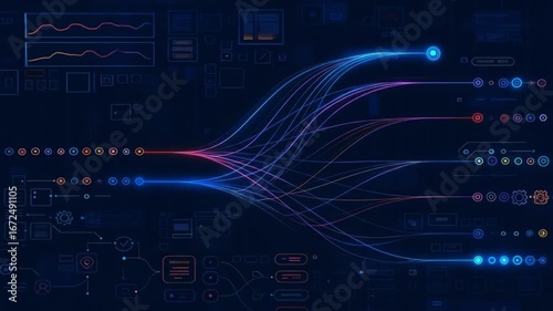 Futuristic interface visualizing a machine learning algorithm or data processing pipeline. Concept of big data analysis, information workflow, complex systems, and deep learning models.