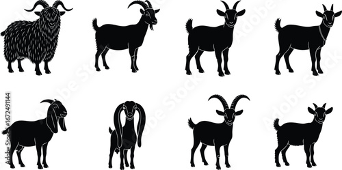 Diverse collection of black goat silhouettes depicting various poses and styles on a clean backdrop silhouette
