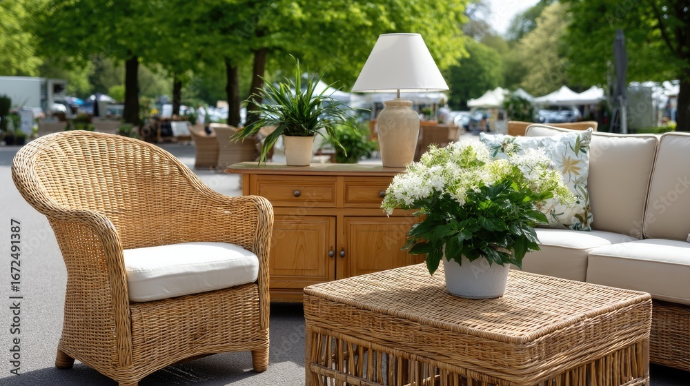 Fototapeta premium Collection of distinct vintage furniture, including sofas and lamps, arranged outside in a lively setting under clear skies