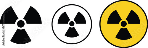 Three radiation hazard symbols showing different styles and interpretations of the universal warning sign silhouette