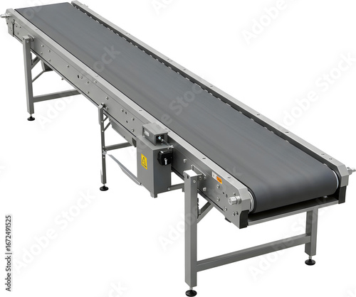 A long, industrial conveyor belt in a factory setting. The image shows the design and structure of the machine