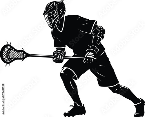 Silhouette of lacrosse player in action, holding stick with ball, wearing helmet and protective gear, dynamic sports illustration, athletic pose