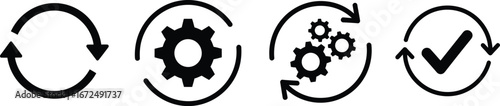Cycle icons representing refresh process gears operations and completion with checkmark symbol silhouette