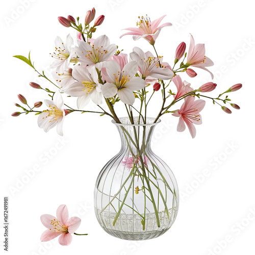 Elegant Pink Lily Flower Bouquet in Clear Glass Vase – Isolated Transparent Background PNG Design