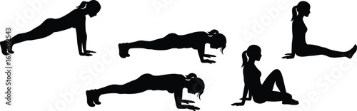 Silhouette of women doing floor exercises – plank, push-ups, sit-ups and fitness workout poses