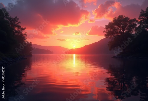 stunning sunset silhouettes over tranquil lake waters reflecting dazzling colors peaceful atmosphere, reflection, twilight, evening, sky, clouds, nature