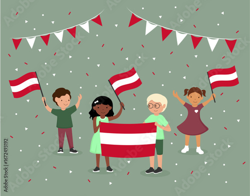 Happy Austrian children holding National flags. Confetti on background	
