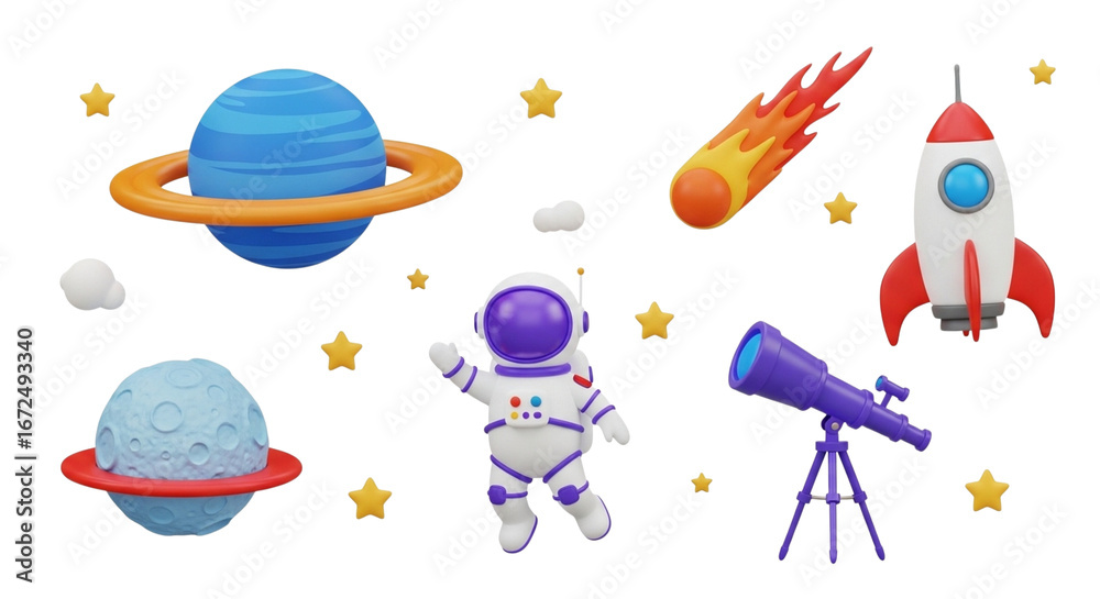 Naklejka premium Astronaut exploring cosmic wonders including planets rocket telescope and stars