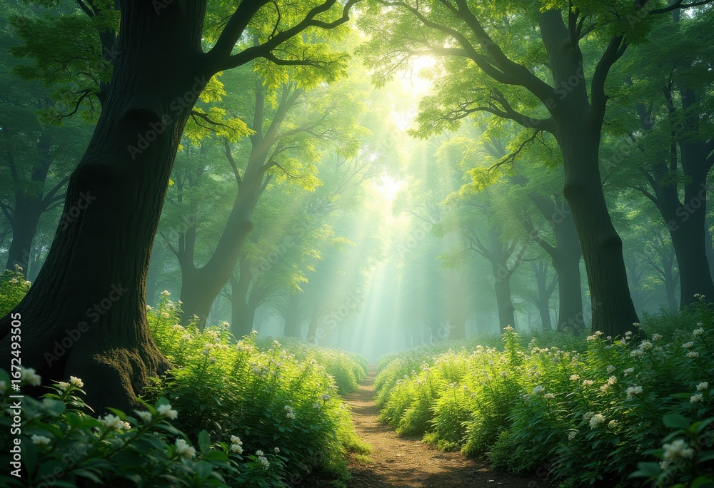 Obraz premium vibrant forest canopy dappled sunlight lush foliage nature greenery tranquil woodlands fresh air serenity, flora, ecosystem, trees, branches, environment