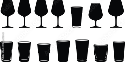 Silhouettes of wine glasses and pint glasses, black glassware icons, drinkware shapes, beverage glass silhouettes, barware vector illustration