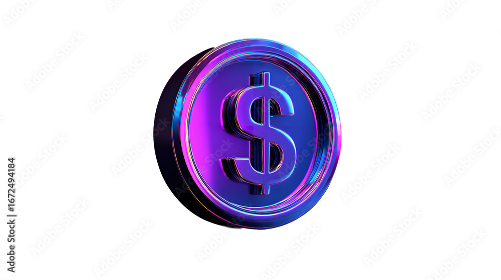 Fototapeta premium Iridescent dollar coin rendering, shimmering with vibrant colors on transparent background