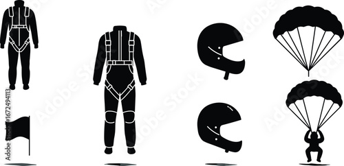 Skydiving gear vector icons set – parachute, helmet, jumpsuit, harness, and landing silhouette for extreme sports and adventure design